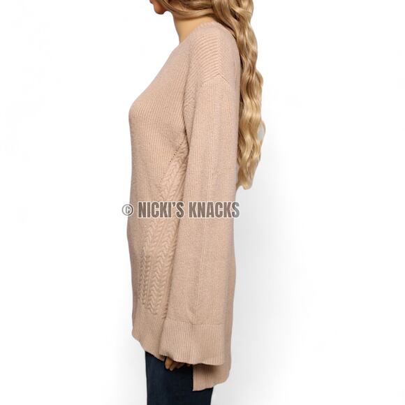 Cyrus Oatmeal Ribbed Knit Sweater Flared Sleeve Oversized Tunic Top Size S - Picture 3 of 9
